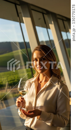 Elegant woman holding a glass of white wine at a vineyard during a beautiful sunset tasting 130770178