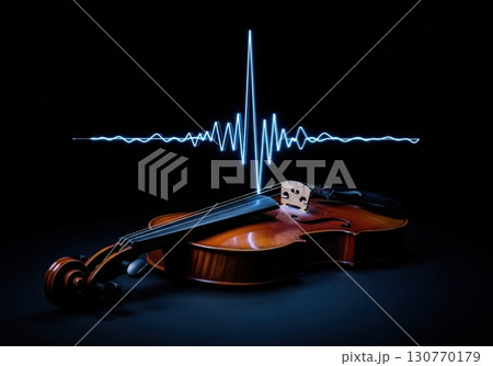 Violin with a glowing blue sound wave representing music on a solid black background 130770179