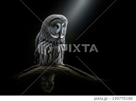 Great grey owl perched on a branch at night with a dramatic spotlight from above 130770180