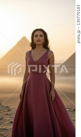 Elegant woman in a long dress standing in the desert with pyramids at sunset 130770183