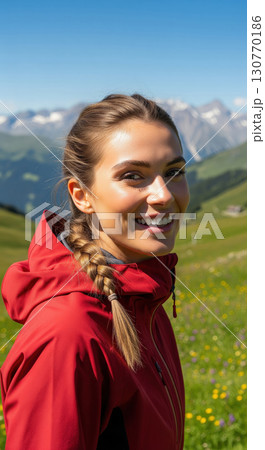 Happy woman hiker in a red jacket smiling in a beautiful mountain meadow in summer 130770186