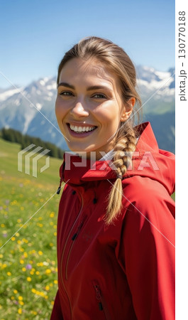 Beautiful smiling woman hiking in the mountains on a sunny day in a beautiful alpine landscape 130770188