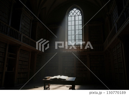 Old gothic library with an open book on a table illuminated by a ray of light from a window 130770189