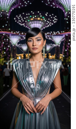 Elegant asian woman in a futuristic silver dress at a light festival in a modern city at night Elegant asian woman in a futuristic silver dress at a light festival in a modern city at night 130770191