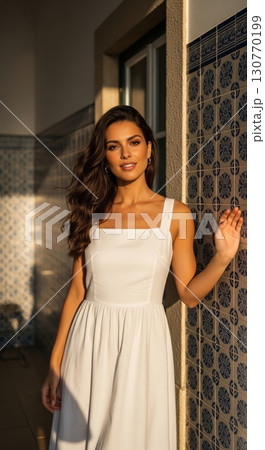Beautiful woman in a white dress enjoying the golden hour light against a tiled wall Beautiful woman in a white dress enjoying the golden hour light against a tiled wall 130770199