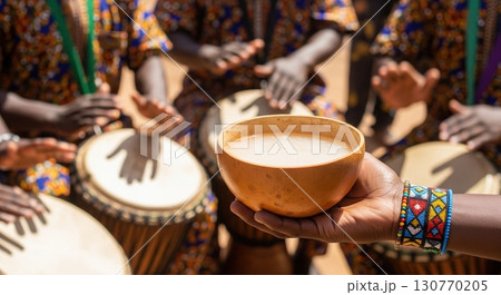 Traditional nigerian palm wine in a calabash bowl during a drumming ceremony in a village 130770205