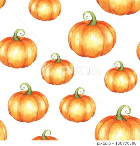 Seamless pattern featuring hand-drawn pumpkins on white background. Festive autumn design for Halloween and Thanksgiving. 130770306