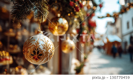 Festive Christmas Decor with Golden Ornaments and New Year Ambiance 130770459