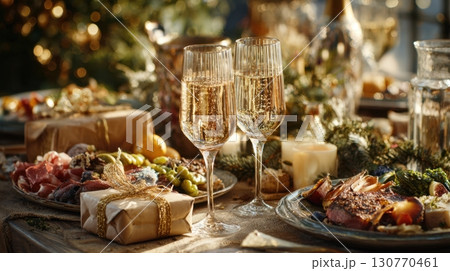 Festive Christmas Evening Tabletop Flat Lay with Food and Drinks Festive Christmas Evening Tabletop Flat Lay with Food and Drinks 130770461
