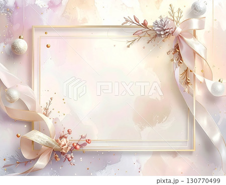 洋風で華やかな新春フォトフレーム 淡いパステルリボンと優美な曲線 130770499