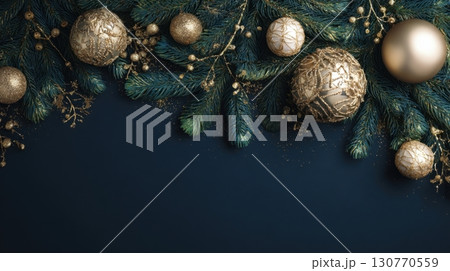 Festive Gold Ornaments and Pine Branches for Holiday Card Design Festive Gold Ornaments and Pine Branches for Holiday Card Design 130770559