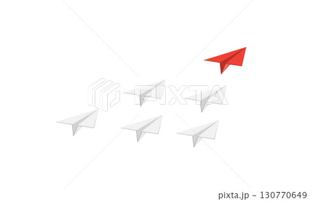 Red paper plane flies ahead of white planes, leadership concept 130770649