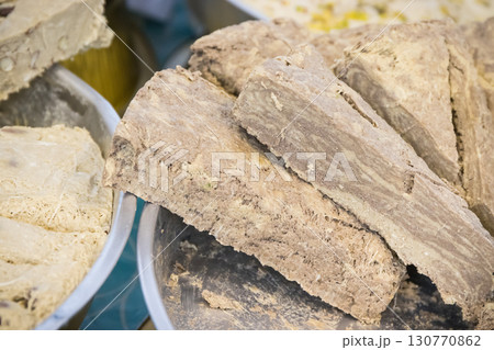 Halva with cocoa and vanilla. Traditional balkan dessert Halva with cocoa and vanilla. Traditional balkan dessert 130770862