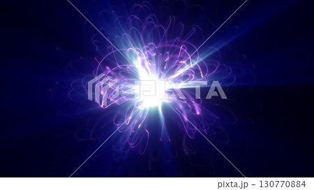 Radiant purple-blue energy core with bright explosion effect, glowing trails, and cosmic light burst, symbolizing futuristic power and creation 130770884
