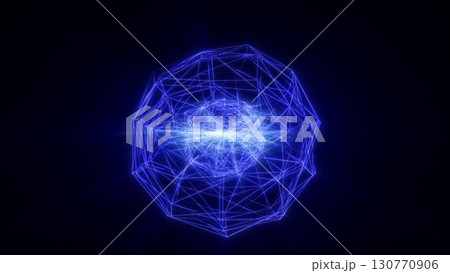 Glowing abstract geometric sphere with blue neon lines and bright interconnected network on dark background 130770906