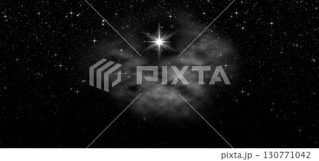 Starry sky and nebula. Bright star or star of Bethlehem. Nativity concept. Black and white tones. Starry sky and nebula. Bright star or star of Bethlehem. Nativity concept. Black and white tones. 130771042