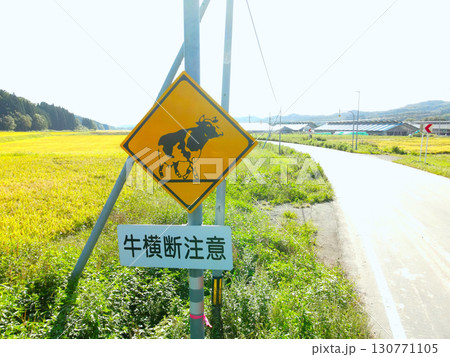 初秋の北海道厚沢部町で道路標識のある風景を撮影 130771105