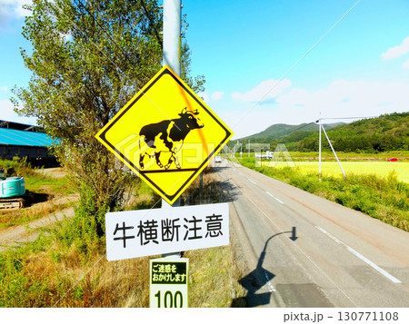 初秋の北海道厚沢部町で道路標識のある風景を撮影 130771108