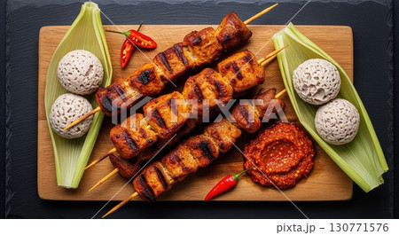 Ghanaian domedo pork skewers with kenkey and a spicy pepper sauce on a cutting board 130771576