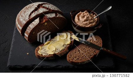 Loaf of dark rye bread with fresh butter and a savory pate on a rustic black slate board 130771582
