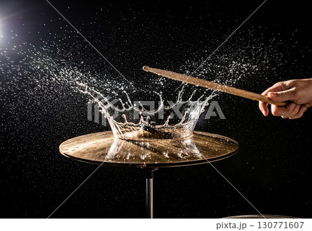 Drumstick hitting a cymbal, creating a dramatic water splash on a black background 130771607
