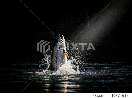 Atlantic salmon fish jumping out of the water and creating a splash in a dramatic spotlight 130771618