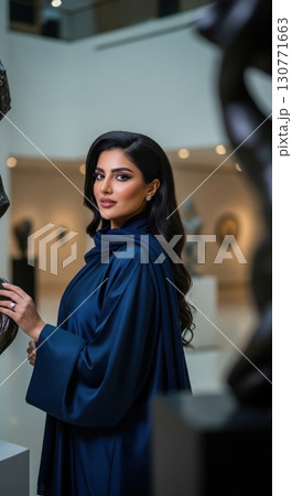 Beautiful middle eastern woman in a blue abaya visiting a modern art museum or gallery Beautiful middle eastern woman in a blue abaya visiting a modern art museum or gallery 130771663