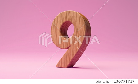 Shape number 9 made from pieces wooden textured in pink pastel background 130771717