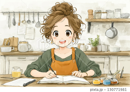 美優、介護士、帰宅後の勉強シーン（机でノートを広げて学習） 130771981