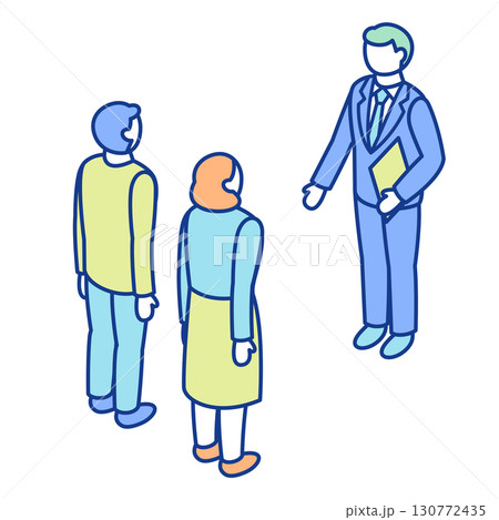 接客するビジネスマンと説明を受ける夫婦のアイソメトリックイラスト。顧客である男女カップルに営業してい 130772435