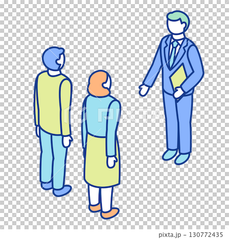 接客するビジネスマンと説明を受ける夫婦のアイソメトリックイラスト。顧客である男女カップルに営業してい 130772435