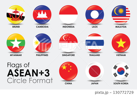 Flags of ASEAN+3 displayed circle format showcasing national symbols of Brunei Cambodia Indonesia Laos Malaysia Myanmar Philippines Singapore 130772729
