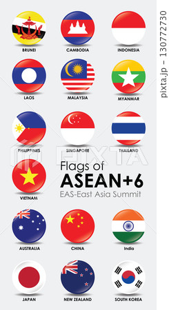 Flags of ASEAN and East Asia Summit countries displayed in vibrant and colorful arrangement, showcasing national symbols and unity 130772730