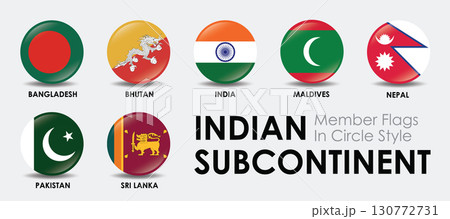 Indian Subcontinent flags displayed in circular style showcasing national symbols of Bangladesh Bhutan India Maldives Nepal Pakistan and Sri Lanka 130772731