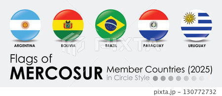 Flags of MERCOSUR member countries displayed in circle style, showcasing Argentina, Bolivia, Brazil, Paraguay, and Uruguay 130772732