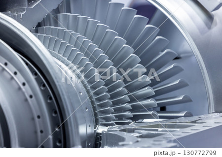 Gas turbine engine with turbine blades, Industrial gas turbine engine, Steel blades of turbine propeller industrial additive technology, 130772799