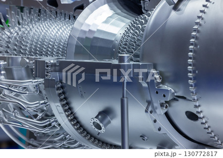 Gas turbine engine with turbine blades, Industrial gas turbine engine, Steel blades of turbine propeller industrial additive technology, 130772817