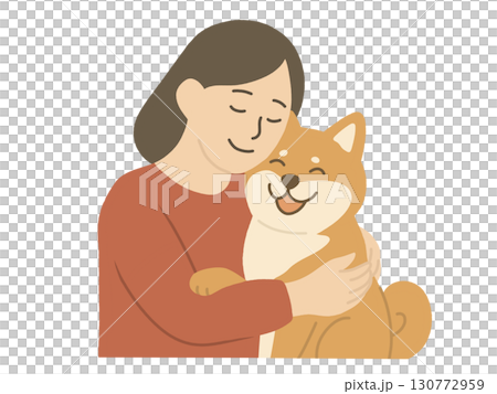 一名女子擁抱一隻柴犬的插圖 130772959