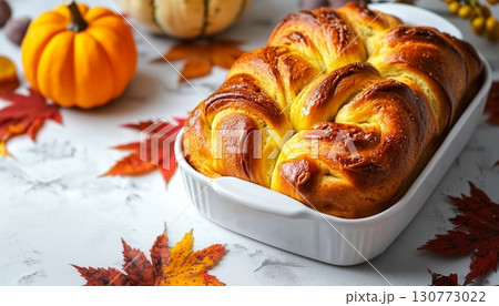 Pumpkin roll bread pastry snack dessert food homemade on white plate 130773022