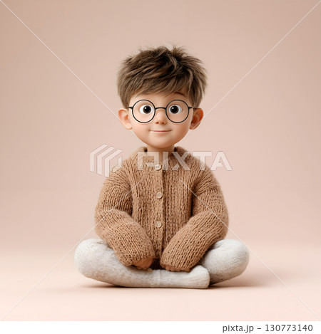 Cute 3D Cartoon Boy in Orange Sweater Sitting Cross-Legged 130773140