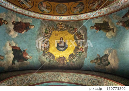 Wall interior of the St. Sophia Cathedral 11th century iconography on the walls. Historical heritage. Ancient wall painting fresco. Wall interior of the St. Sophia Cathedral 11th century iconography on the walls. Historical heritage. Ancient wall painting fresco. 130773202