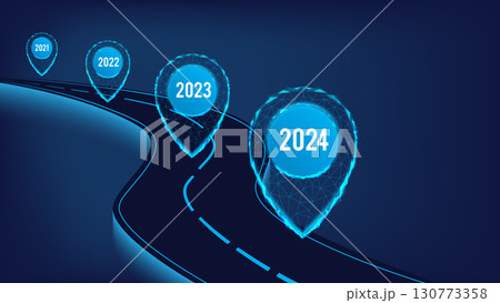 Navigation concept. Logistic concept.  New Year 2024. Road with polygonal  pointers. 130773358