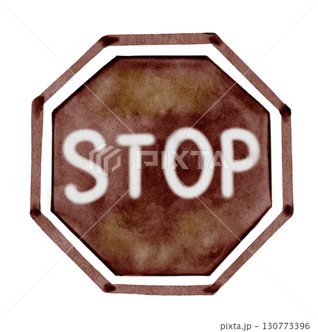 Stop sign watercolor. Hand drawn stop sign. Clip art of road sign. Ideal for posters and cards 130773396