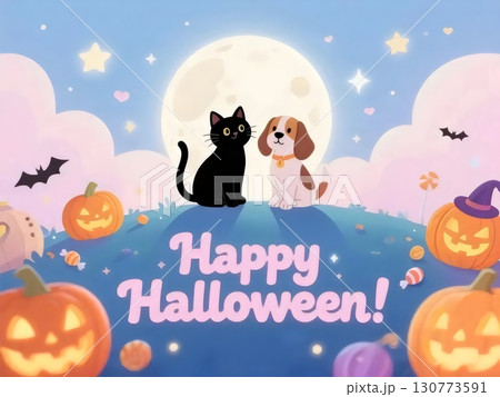 ハロウィンの満月の夜に寄り添う黒猫と子犬のイラスト(AI生成) ハロウィンの満月の夜に寄り添う黒猫と子犬のイラスト(AI生成) 130773591