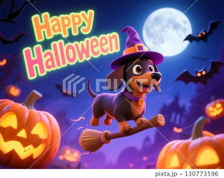 魔女の帽子をかぶった犬がほうきに乗って飛ぶハロウィンイラスト(AI生成) 魔女の帽子をかぶった犬がほうきに乗って飛ぶハロウィンイラスト(AI生成) 130773596