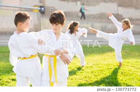 Preteen children practicing in pairs martial arts movements on green sports field 130773772