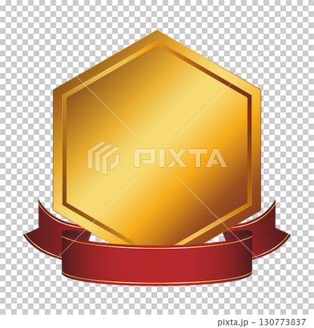 Hexagonal gold medal and red ribbon frame material 130773837