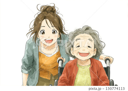 美優シリーズ：美優が車椅子の高齢者を押して外出サポート  130774113