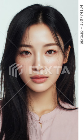 Young Korean woman with long dark hair and natural makeup poses for a fresh beauty look in a minimalistic setting Young Korean woman with long dark hair and natural makeup poses for a fresh beauty look in a minimalistic setting 130774134
