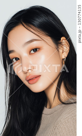 Beautiful woman with long black hair and natural makeup posing for a close-up portrait in a studio setting Beautiful woman with long black hair and natural makeup posing for a close-up portrait in a studio setting 130774135